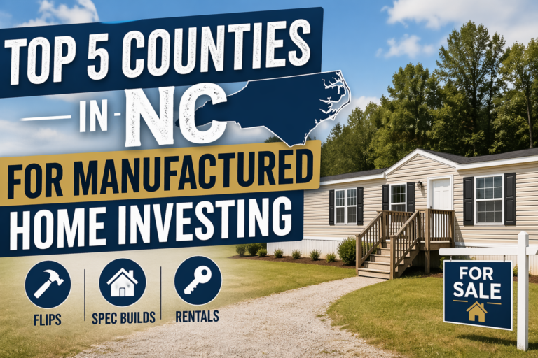 Top 5 NC counties for manufactured home investing featuring a manufactured home, for sale sign, and strategies including flips, spec builds, and rentals