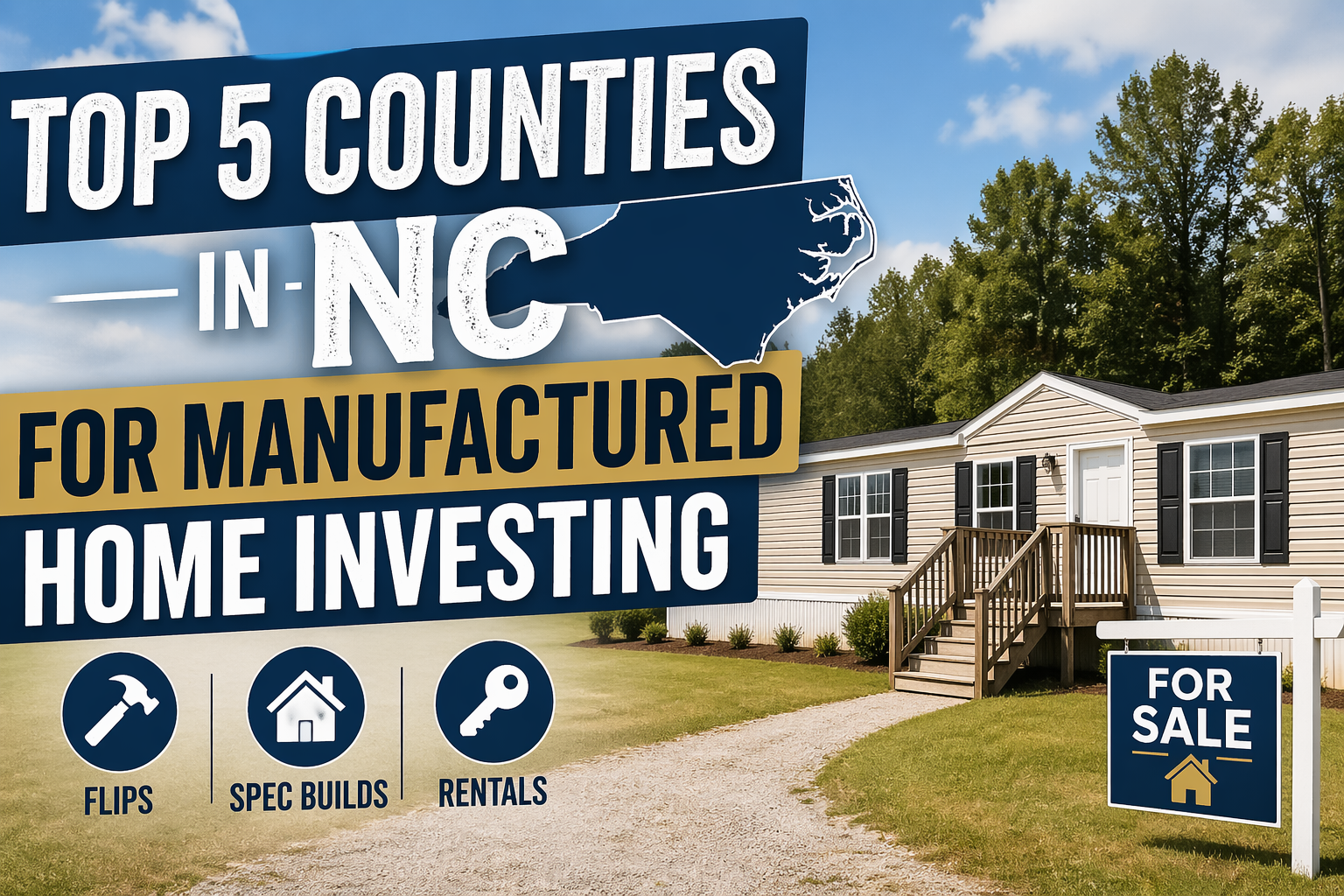 Top 5 NC counties for manufactured home investing featuring a manufactured home, for sale sign, and strategies including flips, spec builds, and rentals