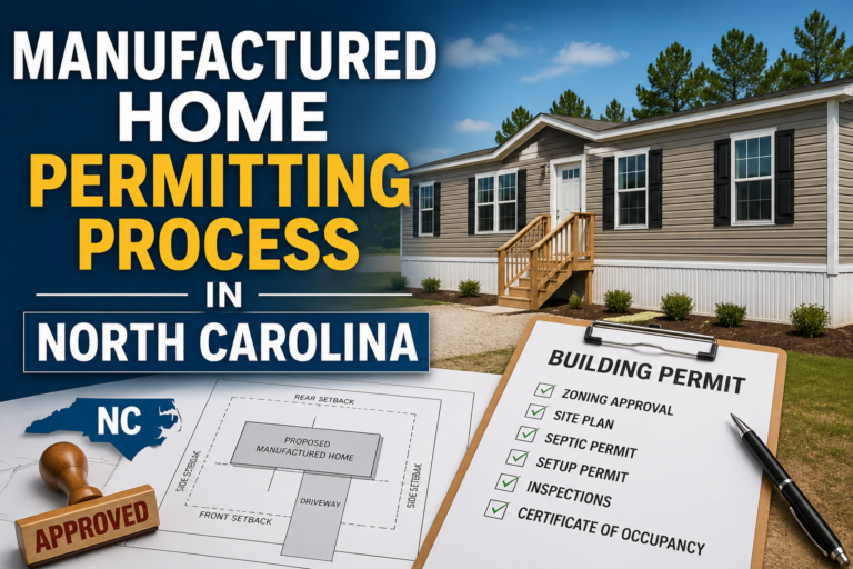 Manufactured Home Permitting Process in North Carolina – step-by-step diagram showing zoning, septic approval, site plan, setup permit, inspections, and certificate of occupancy for manufactured homes in NC